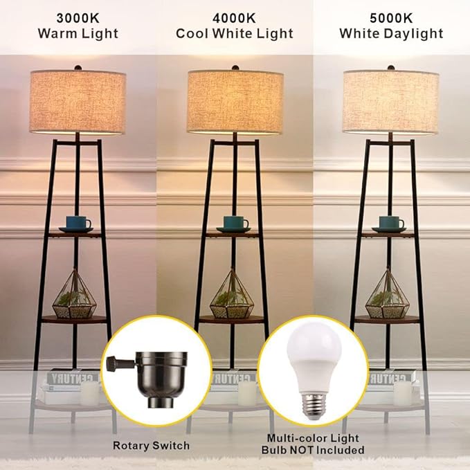 Floor Lamp, Standing Reading Light with Shelves and Fabric Shade, Modern Tall Pole Lamp, Accent Furniture Décor Lighting for Living Room, Bedrooms Black