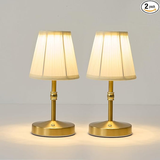 Cordless Mini Lamps Gold,3000 mah Battery Operated Lamp,3 Color Temperature Dimmable Table Lamp,Small Rechargeable Table Lamp Fabric,Aesthetic Small Kitchen Lamp for Counter,Dinner (Gold,2 Pack)