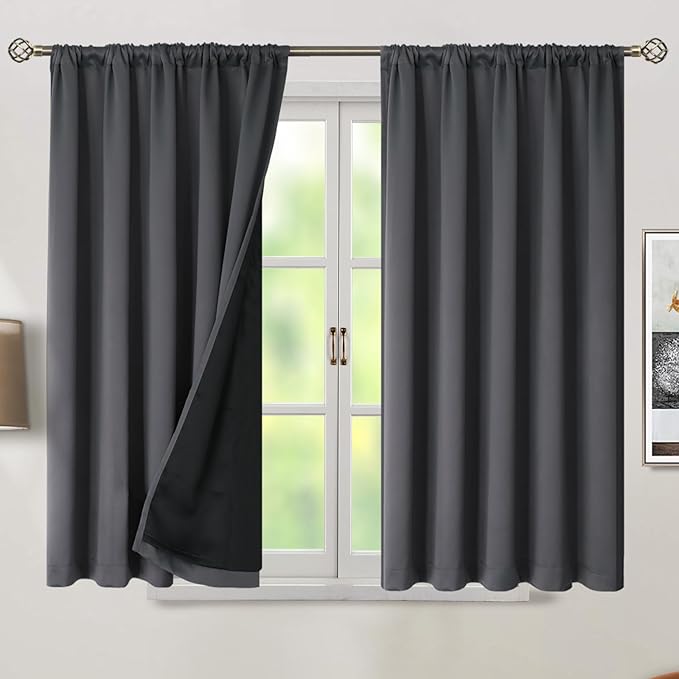 BGment 100% Room Darkening Thermal Insulated Blackout Curtains 45 Inches Long for Bedroom, Rod Pocket and Back Tab Double Layer Noise Cancelling Curtain with Liner (52 x 45 Inch, 2 Panels, Dark Grey)