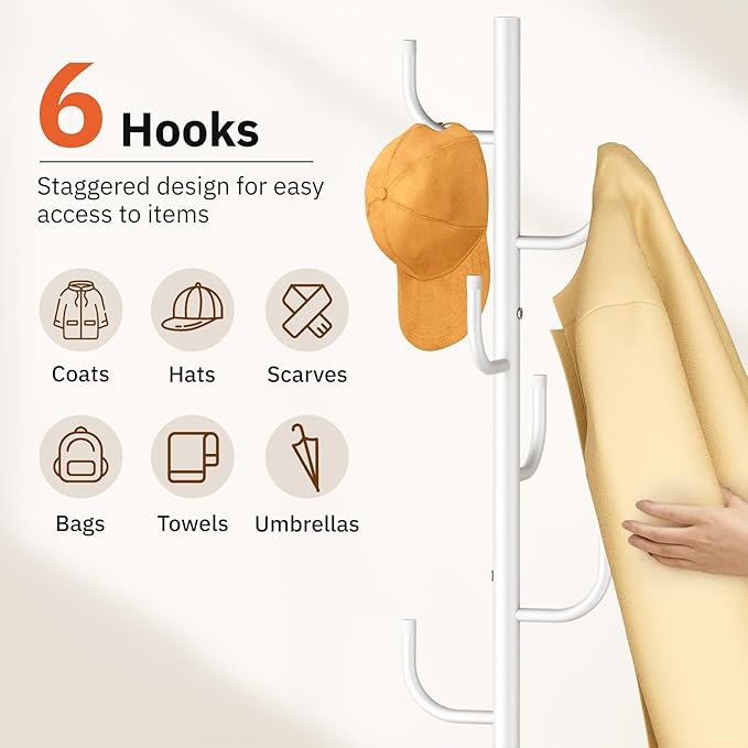 MISSLO Heavy Duty Coat Rack Freestanding 4 Adjustable Size Coat Tree with Stable Wood Base Coat Hanger Stand with 6 Hooks Standing Clothes Tree for Bedroom, White