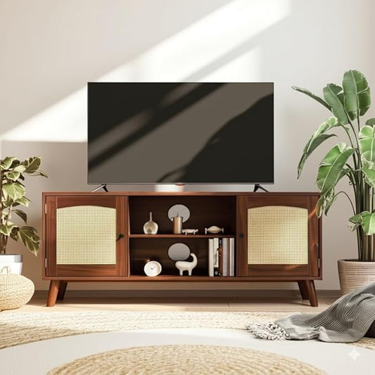 Mid Century Modern Rattan TV Stand for 60" TV - Boho Entertainment Center with 2 Natural Rattan Doors for Living Room, Brown