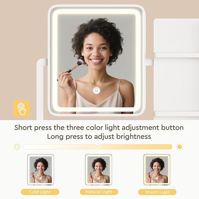 Makeup Vanity Desk with Mirror and Lights, Small Vanity with Fabric Storage Drawer & Chair & Shelves, White Compact Makeup Vanity Set for Bedroom