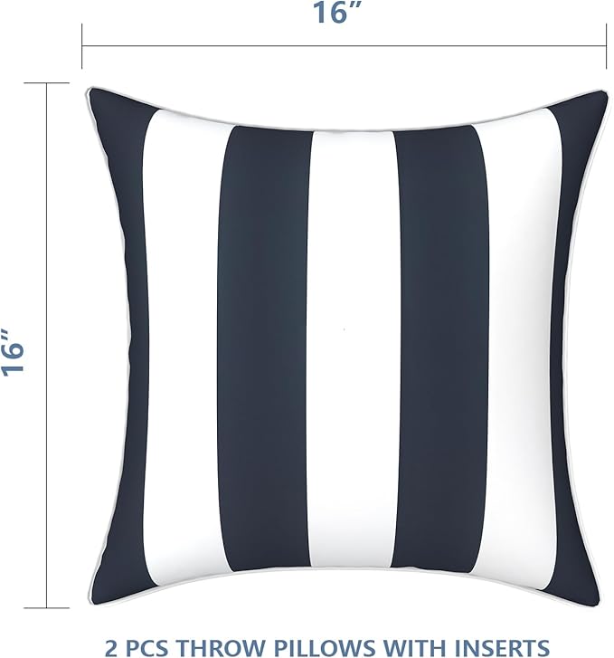 LVTXIII Set of 2 Patio Throw Pillows Waterproof 16"x16" Fade Resistant Outdoor Throw Pillows with Inserts, Fluffy Decorative Garden Toss Pillow Cushions for Home Patio Coach Sofa Use, Cabana Navy