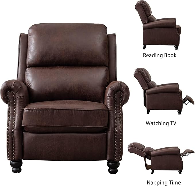 CANMOV Pushback Recliner Chair Faux Leather Armchair Push Back Recliner with Rivet Decoration Single Sofa Accent Chair for Living Room, Reddish Brown