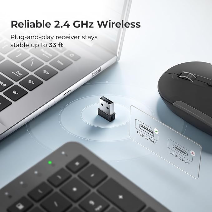 iClever GK08 Wireless Keyboard and Mouse - Ultra Slim Keyboard and Mouse Combo, Full Size Design with Number Pad, 2.4G Stable Connection Slim Keyboard and Mouse for Windows, Mac OS Computer (Black)