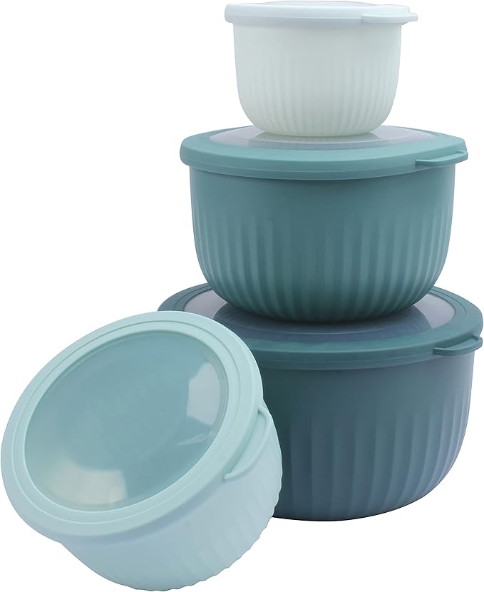 COOK WITH COLOR 4pc Plastic Mixing Bowl Set with Lids (Teal Ombre, 210 ml, 550 ml, 1150 ml, 3500 ml) - Sturdy, Nesting, BPA Free, Dishwasher Safe, Food Safe, Bowls for Cooking and Baking