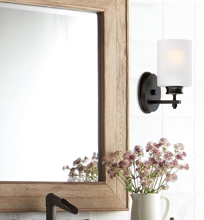 Kira Home Phoebe 8" Modern Wall Sconce/Vanity Light + Frosted Seeded Glass Shade, Oil-Rubbed Bronze Finish