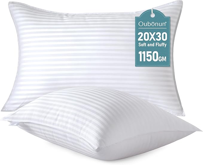 Oubonun Queen Size Pillows Set of 2 - Fluffy & Supportive Down Alternative Pillows with Zippered Cotton Cover - Breathable and Cool for All Sleeping Positions - Machine Washable - 20"x30"