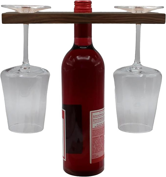 Wine & Glass Holder - Countertop or Shelf Storage Rack for 2 Glasses & Bottle, Decorative Holiday or Housewarming Gift, Solid Walnut, 10 Inch x 3.5 Inch