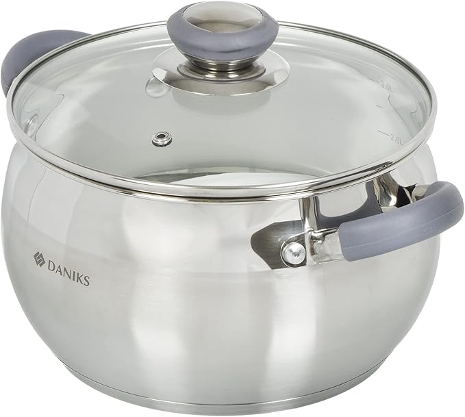 Daniks Modern Stainless Steel Stock Pot with Glass Lid – Induction 3 Quart, Dishwasher Safe, Heatproof Handles, For Soup, Pasta, Stew, Silver