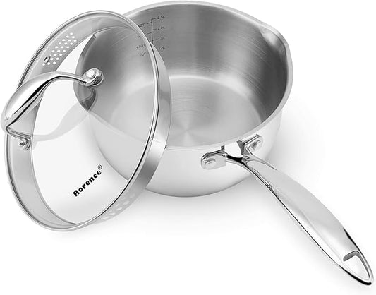 Rorence 3-Quart Saucepan with Lid: Pour and Strain Stainless Steel Sauce Pan with Pour Spouts, Capsule Bottom & Tempered Glass Lid