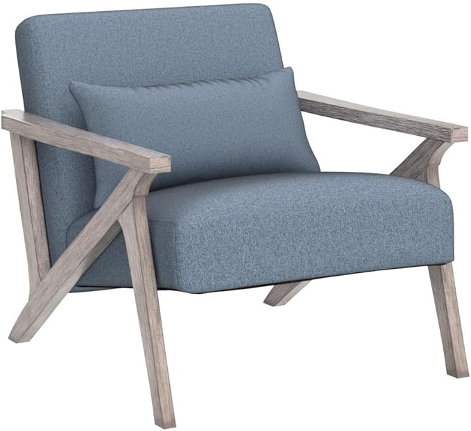INZOY Mid Century Modern Chair with Wood Frame, Upholstered Armchair with Waist Cushion, Accent Chair for Living Room Bedroom Apartment, Easy Assembly, Blue