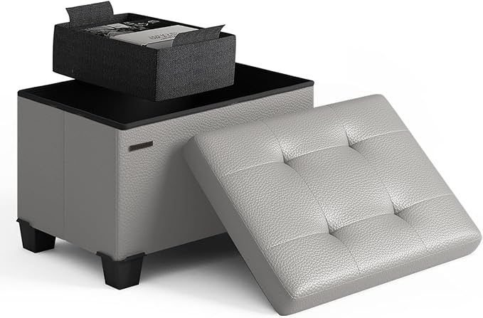 STORAGEBUD Storage Ottoman Cube with Small Bin, 16-in Square Ottoman with Storage for Living Room and Bedroom, Small Ottomans Foot Rest, Faux Leather Foot Stools Ottomans Max 330lbs, Light Grey