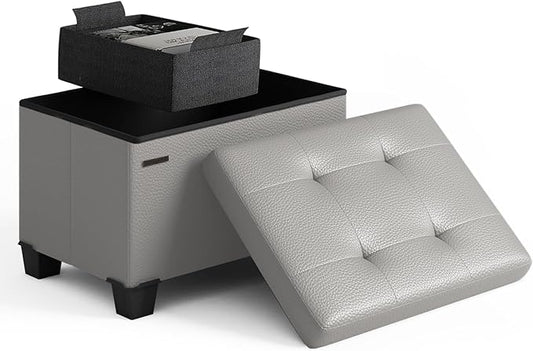 STORAGEBUD Storage Ottoman Cube with Small Bin, 16-in Square Ottoman with Storage for Living Room and Bedroom, Small Ottomans Foot Rest, Faux Leather Foot Stools Ottomans Max 330lbs, Light Grey