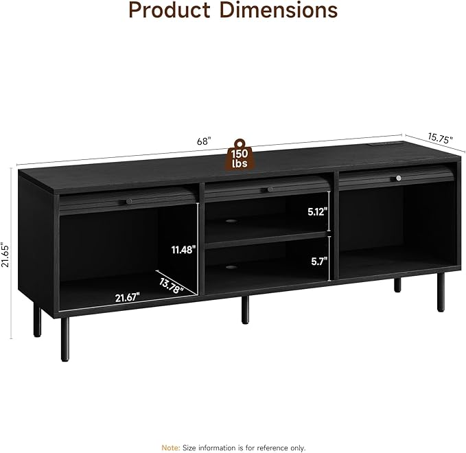 68 Inch TV Stand for TVs up to 75 Inch, Entertainment Center with Power Outlet, Mid-Century Modern TV Console with Storage, Adjustable Shelf & Sliding Doors, TV Stand for Living Room, Black