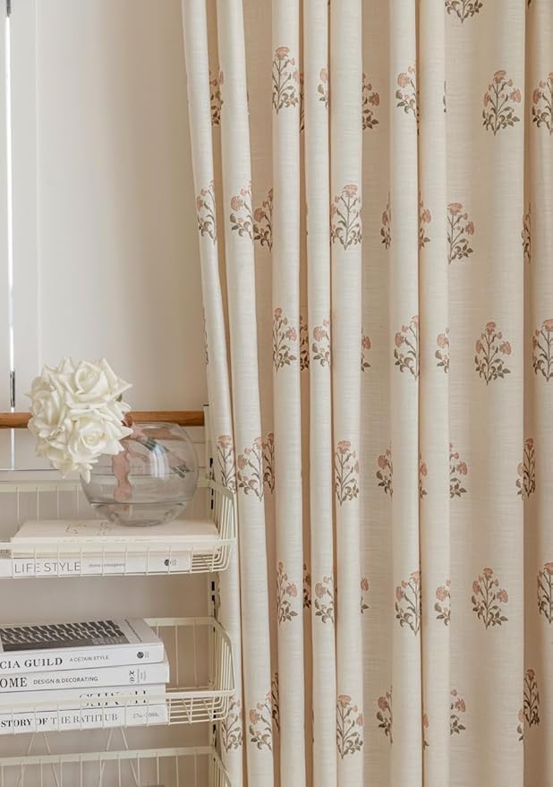Linen Blend Pinch Pleated Curtains for Living Room, Bedroom, Dining Room - Light Filtering Curtains 2 Panels Set - Luxury and Modern Floral Printed Design - Beige White, 30" W x 84" L