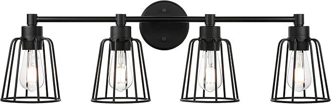 XiNBEi Lighting Farmhouse Vanity Light for Bathroom, 4 Light Industrial Bathroom Lighting Fixtures Over Mirror in Matte Black Finish, Vanity Lights with Cage Shade XB-W1287-4-MB