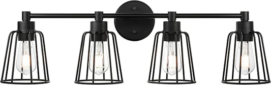 XiNBEi Lighting Farmhouse Vanity Light for Bathroom, 4 Light Industrial Bathroom Lighting Fixtures Over Mirror in Matte Black Finish, Vanity Lights with Cage Shade XB-W1287-4-MB