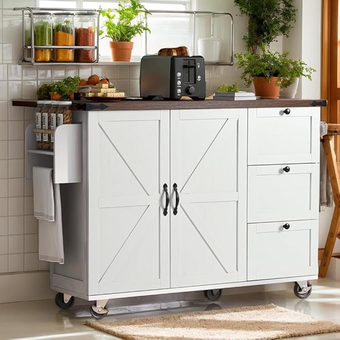 Farmhouse Kitchen Island Breakfast Bar with Drop Leaf, Power Outlet, Rolling Island Cart on Wheels Unfold Table with 3 Drawer, Srotage Cabinet, Spice Rack, Towel Rack(White)
