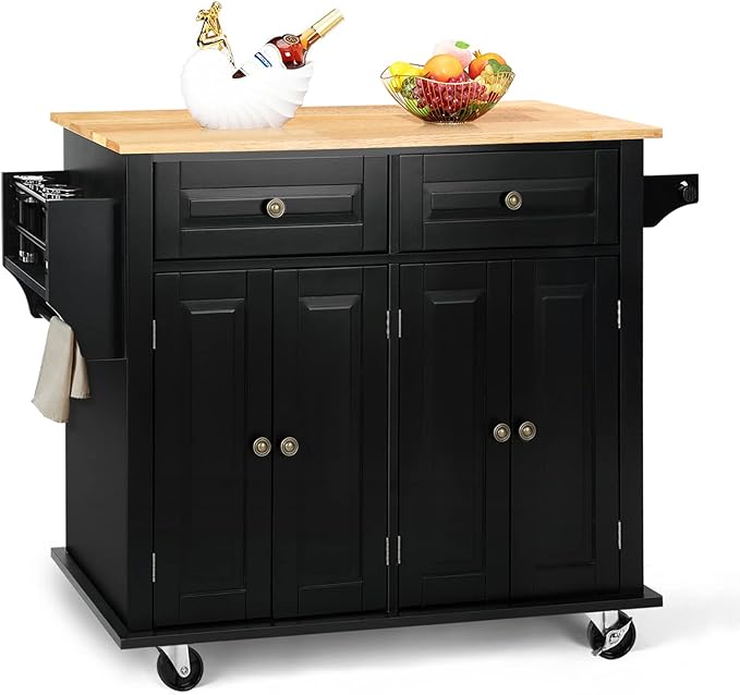 VOWNER Rolling Kitchen Island, Portable Kitchen Island with Storage, Floating Kitchen Cart with Spice Rack & Towel Rack, Drawer and Storage Cabinet, Isla para Cocina (Black)