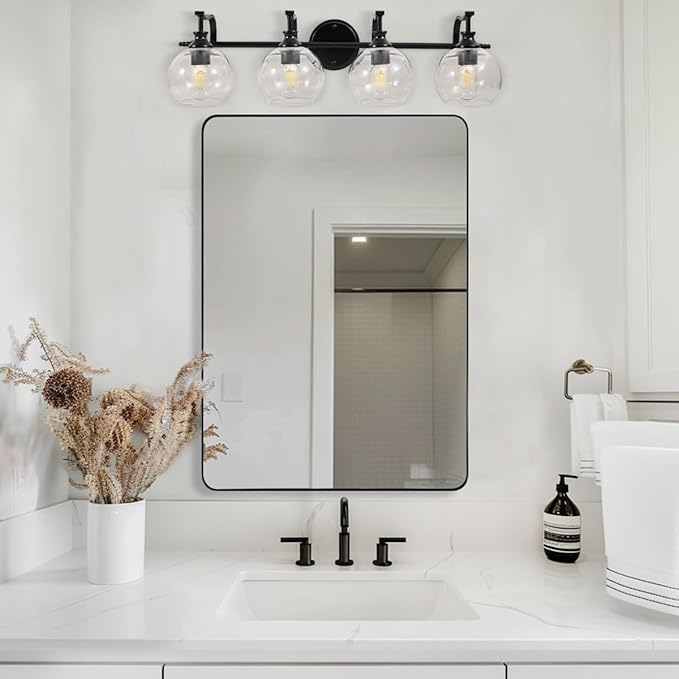ANDY STAR 4 Light Bathroom Vanity Lights, Matte Black Bathroom Light with Clear Globe Glass Lampshade, 30.5 Inch Industrial Wall Lamp, E26 Base, Bulbs Not Included