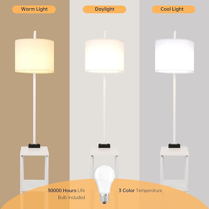Floor Lamp with Table, Narrow Side Table with USB-A/USB-C Charging Station and AC Port, 3 Color Temperatures 12W LED Bulb, End Table for Bedroom, Living Room and Home Office, White