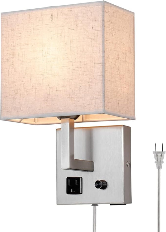 Plug in Wall Sconce, Bedside Wall lamp with Plug and dimmable Switch, with USB Charging Port and Socket, Suitable for Hotel, Corridor, Living Room and Bedroom Wall Light (Nickel)