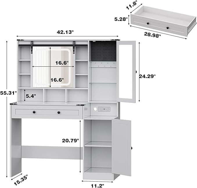 Farmhouse Makeup Vanity Desk with Mirror and Lights, White Vanity Desk with Lighted Mirror & Power Outlet, RGB Glass Cabinet, Makeup Dressing Table with 3 Lighting Modes for Bedroom