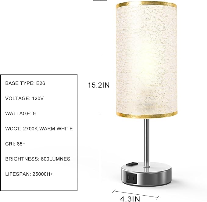 Table Lamp for Bedroom with Touch Control,Bedside Lamp with USB C+A Charging Ports& AC Outlets, Adjustable 3color LED Light for Home Decor/Nightstand/Bedroom/Office,Included Bulb and Fabric Lamp Shade