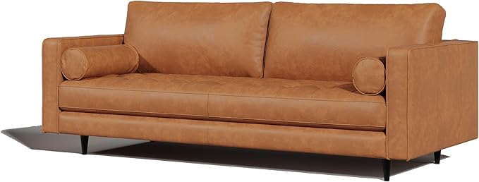 Valencia Isabella 88" Wide Sofa with 2 Bolsters | Italian Nappa 11000 Full Grain Leather, Mid-Century Tufted Couch for Living Room, Kiln-Dried Wood Frame, Down Feather Filling, Cognac