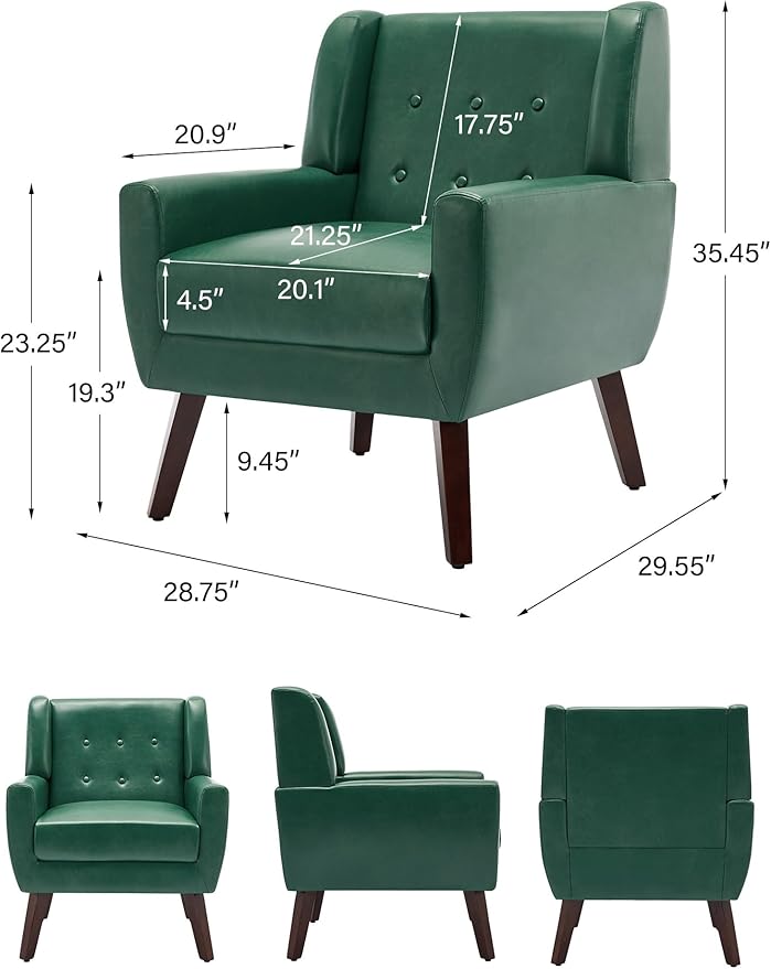 Accent Chair, Mid-Century Modern PU Leather Chairs with Arms for Living Room, Comfy Upholstered Club Single Sofa Armchair for Bedroom Waiting Room with Solid Wood Frame（Leather Green, Set of 2