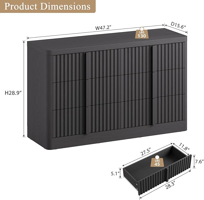 Fluted Dresser for Bedroom, 47" Wide 6 Drawer Dresser, Modern Chest of Drawers with Solid Wood Handle, Curved Profile Design, Wood Dressers Storage Organizer, Living Room, Hallway, Black