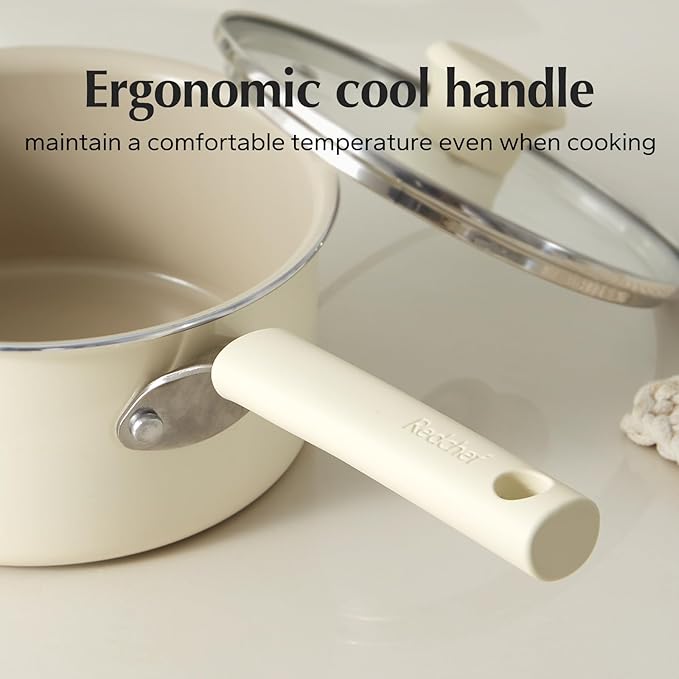 Redchef Ceramic Nonstick Saucepan with Lid, 1.5QT Small Cooking Pot, Non Toxic Sauce Pans for Kitchen, Cool Handle PFAS Free Compatible with All Cooktops, White