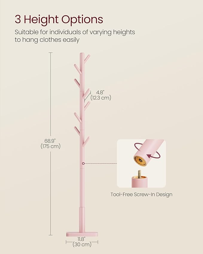 VASAGLE Solid Wood Coat Rack, Free Standing Hall Coat Tree with 8 Hooks, 3 Height Options, for Coats, Hats, Bags, Purses, for Entryway, Hallway, Rubberwood Hooks and Pole, Jelly Pink URCR010R01