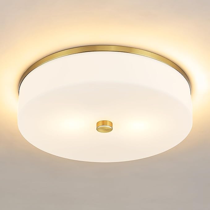 LMS Flush Mount Ceiling Light Fixture, Modern Brushed Gold Bathroom Ceiling Light with Drum Milky White Acrylic Shade, Kitchen, Living Room, LMS-192