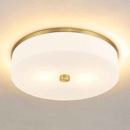LMS Flush Mount Ceiling Light Fixture, Modern Brushed Gold Bathroom Ceiling Light with Drum Milky White Acrylic Shade, Kitchen, Living Room, LMS-192