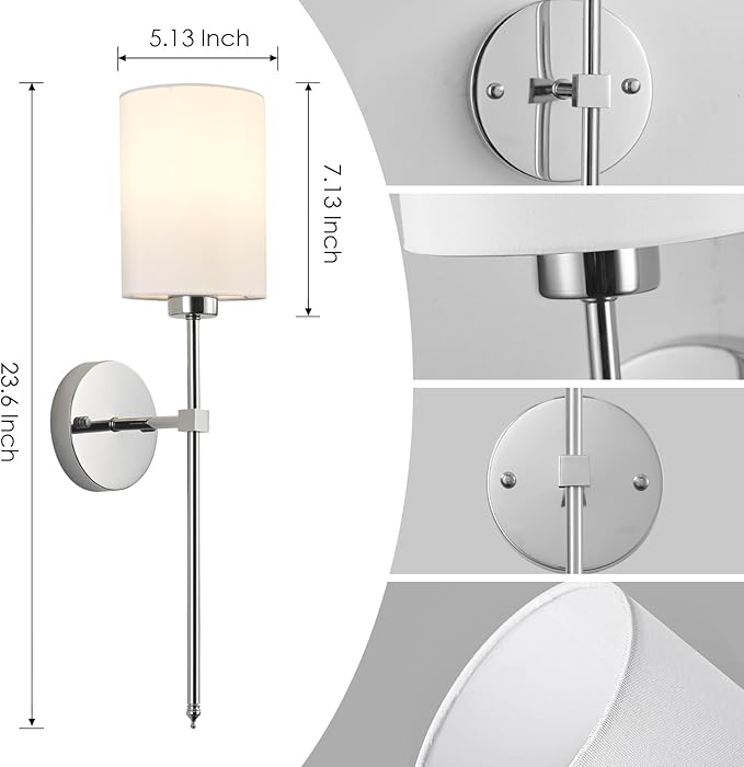 Battery Operated Wall Sconces Set of Two, with Remote Control, Dimmable, 4 Color Temperatures, RGB, Timer, Wireless Rechargeable Wall Light for Living Room, Bedroom, Fireplace, 23.6 Inch, Chrome