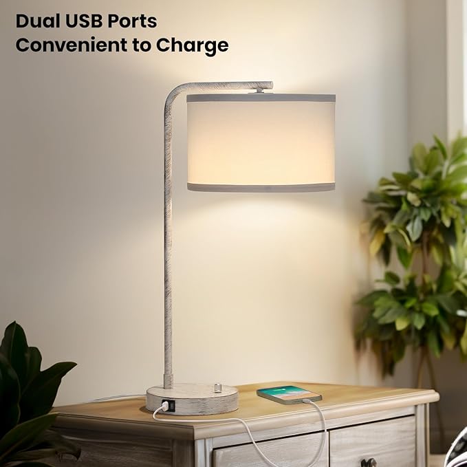 Bedside Table Lamp with USB C+A Charging Ports, Fully Stepless Dimmable Modern Farmhouse Nightstand Lamp, Tall Reading Desk Lamp for Bedroom, Living Room, Office, 9W LED Bulb Included
