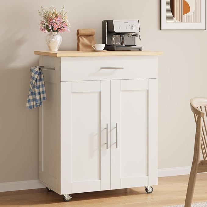 Kitchen Island Cart on Wheels with Storage - Rolling Kitchen Island with Large Drawer & Dividers | Adjustable Shelf | Towel Rack, Portable Kitchen Cart for Small Space, White