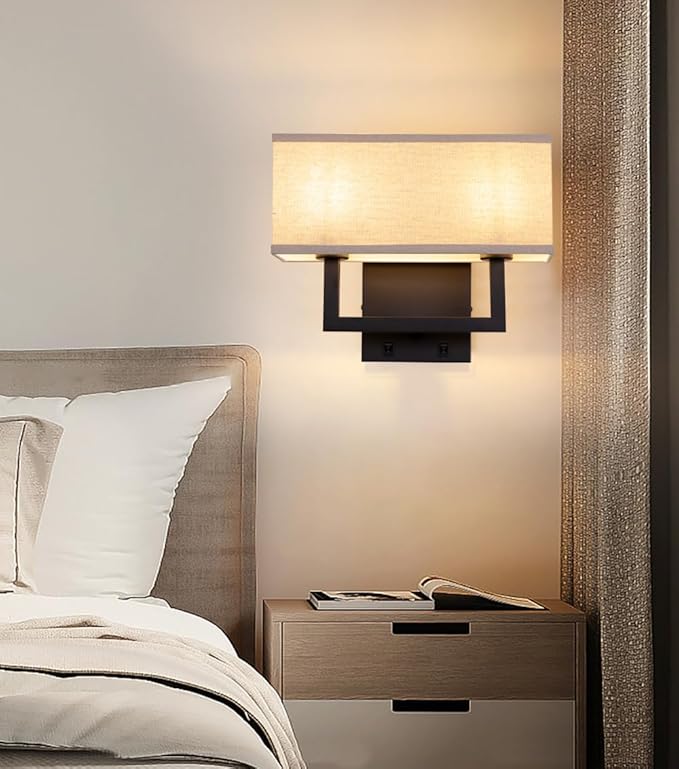 Yosoan Linen Fabric Boho Wall Sconce Bedside Light with On Off Switch, 2-Light Finished Hardwired Vintage Industrial Dual Wall Mount Lamp Lighting Square Shade for Bedroom Living Room Stairwell(Black)