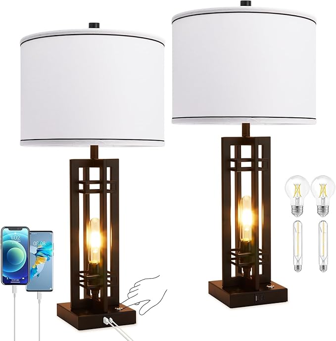 27" Touch Control Farmhouse Table Lamps, Set of 2 Tall Rustic Table Lamps 2-Light Design with USB A+C Ports, Bedside Lamps with White Shade for Living Room Home Office, 4 LED Bulbs Included