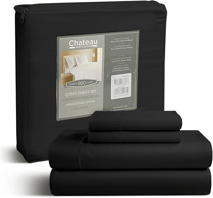 Egyptian Cotton King Size Sheet Set, 800 Thread Count Sateen Weave Hotel Collection King Sheets Deep Pockets, Soft & Comfy Cotton Bed Sheets Fits Upto 17", No Pill & Shrink - Black