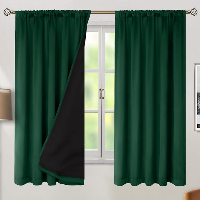 BGment 100% Thermal Insulated Blackout Curtains 63 Inches Long with Liner, Rod Pocket and Back Tab Double Layer Noise Reduce Room Darkening Curtains for Bedroom (52 x 63 Inch, 2 Panels, Emerald)