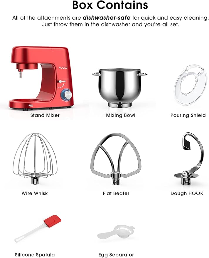 9.5 QT Double Handle KUCCU Stand Mixer, 6 Speed with Pulse Electric Kitchen Mixer, 660W Tilt-Head Food Mixer with Dishwasher-Safe Dough Hook, Flat Beater, Whisk, Splash Guard for home baking (Red)