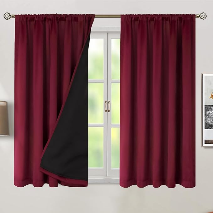 BGment Full Blackout Curtains with Thermal Insulation Liner Curtains 54 Inches Long, Rod Pocket and Back Tab Double Layer Room Darkening Window Curtain for Bedroom(52 x 54 Inch, 2 Panels, Burgundy)