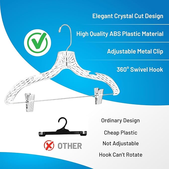 Clothes Hangers with Clips Plastic Set of 50 Pack Heavy Duty Hangers Dresses, T-Shirts Shirt Suit Hangers for Closet Organization Crystal Clear Hanger Pants Skirt Hanger Women and Men
