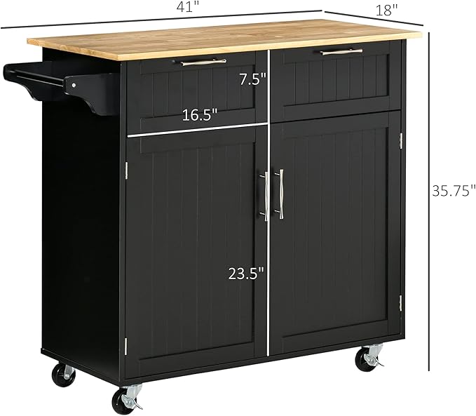 HOMCOM 41" Modern Rolling Kitchen Island on Wheels, Utility Cart Storage Trolley with Rubberwood Top & Drawers, Black