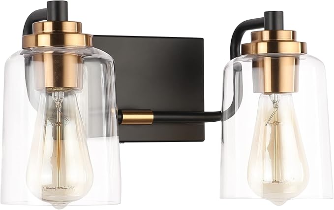 SOLFART Vintage Bathroom Vanity Light Black Bathroom Light fixtures Over Mirror Metal with Clear Glass Brass Fixtures Wall Mount Wall Lighting Sconce (2 Lights)