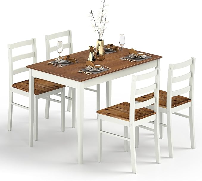 POWERSTONE Dining Table Set for 4, Kitchen Table Chairs Set of 4 with Rubber Wood Legs, Farmhouse 5 Piece Dining Table Set Solid Wood for Kitchen Dining Room Dinner (Brown)
