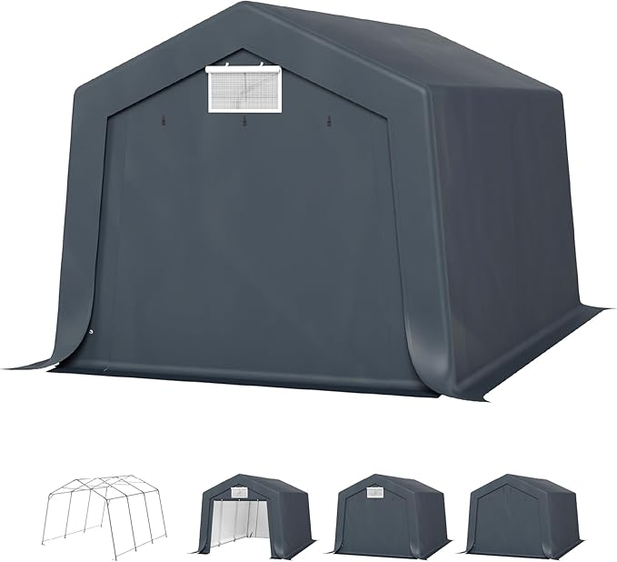 PHI VILLA 10'X15'*8.7' Outdoor Portable Storage Shelter Shed Garage with 2 Roll up Zipper Doors & Vents Carport for Motorcycle Waterproof and UV Resistant Anti-Snow Portable Garage Kit Tent, Gray